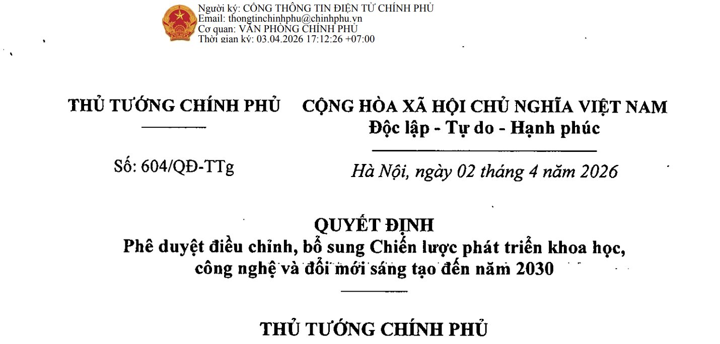 Quyết định số 604/QĐ-TTg của Thủ tướng Chính phủ: Phê duyệt điều chỉnh, bổ sung Chiến lược phát triển khoa học, công nghệ và đổi mới sáng tạo đến năm 2030