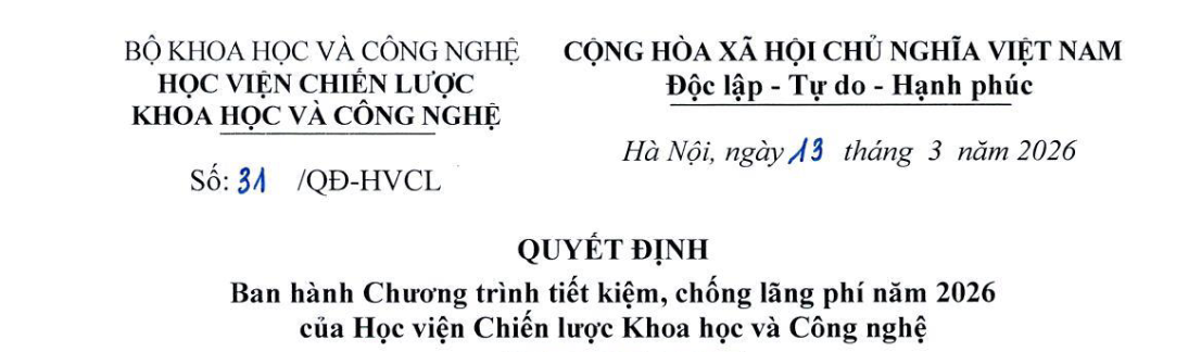 Ban hành Chương trình tiết kiệm, chống lãng phí năm 2026 của Học viện Chiến lược Khoa học và Công nghệ
