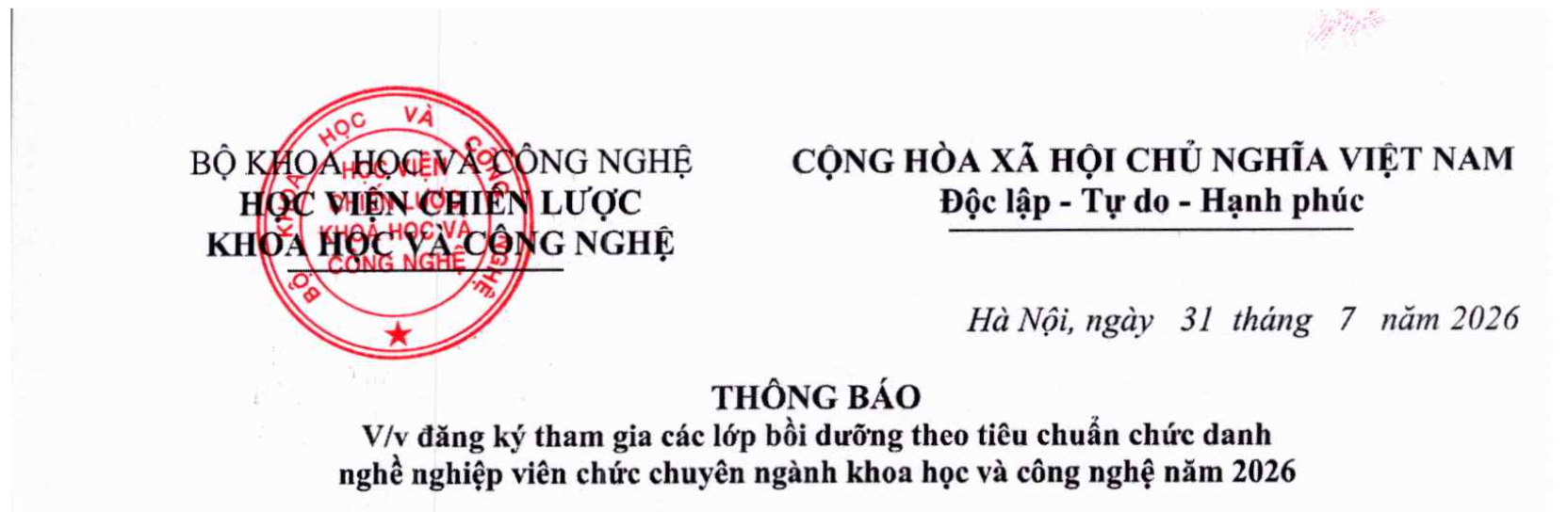 Thông báo đăng ký tham gia các lớp bồi dưỡng theo tiêu chuẩn chức danh nghề nghiệp viên chức chuyên nghành khoa học và công nghệ 2026