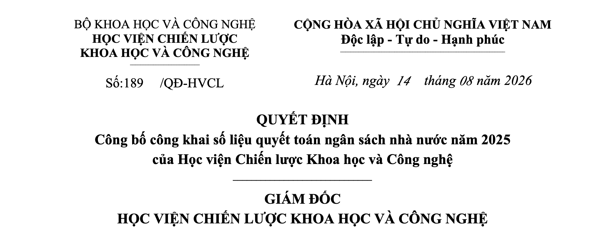 Công bố công khai số liệu quyết toán ngân sách nhà nước năm 2025 của Học viện Chiến lược Khoa học và Công nghệ